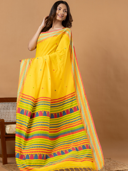 Pure Handloom Cotton Saree | Bright Yellow