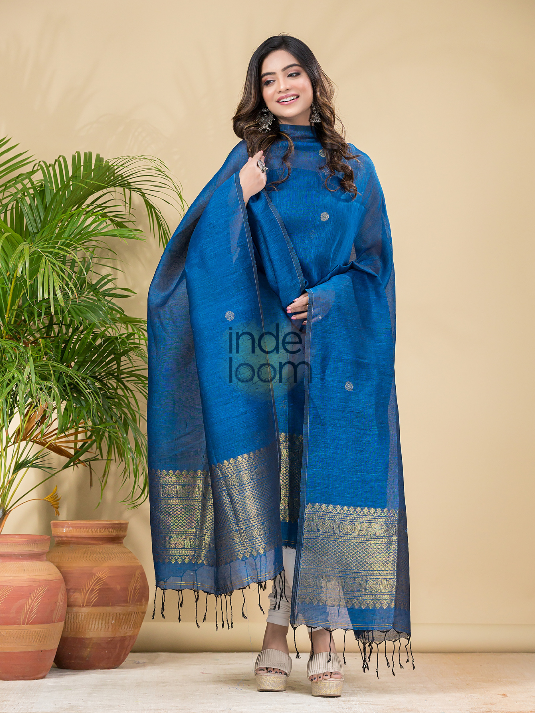 Indigo Blue Muslin Linen 2-Piece Set Kurti & Dupatta (UNSTITCHED) - 875