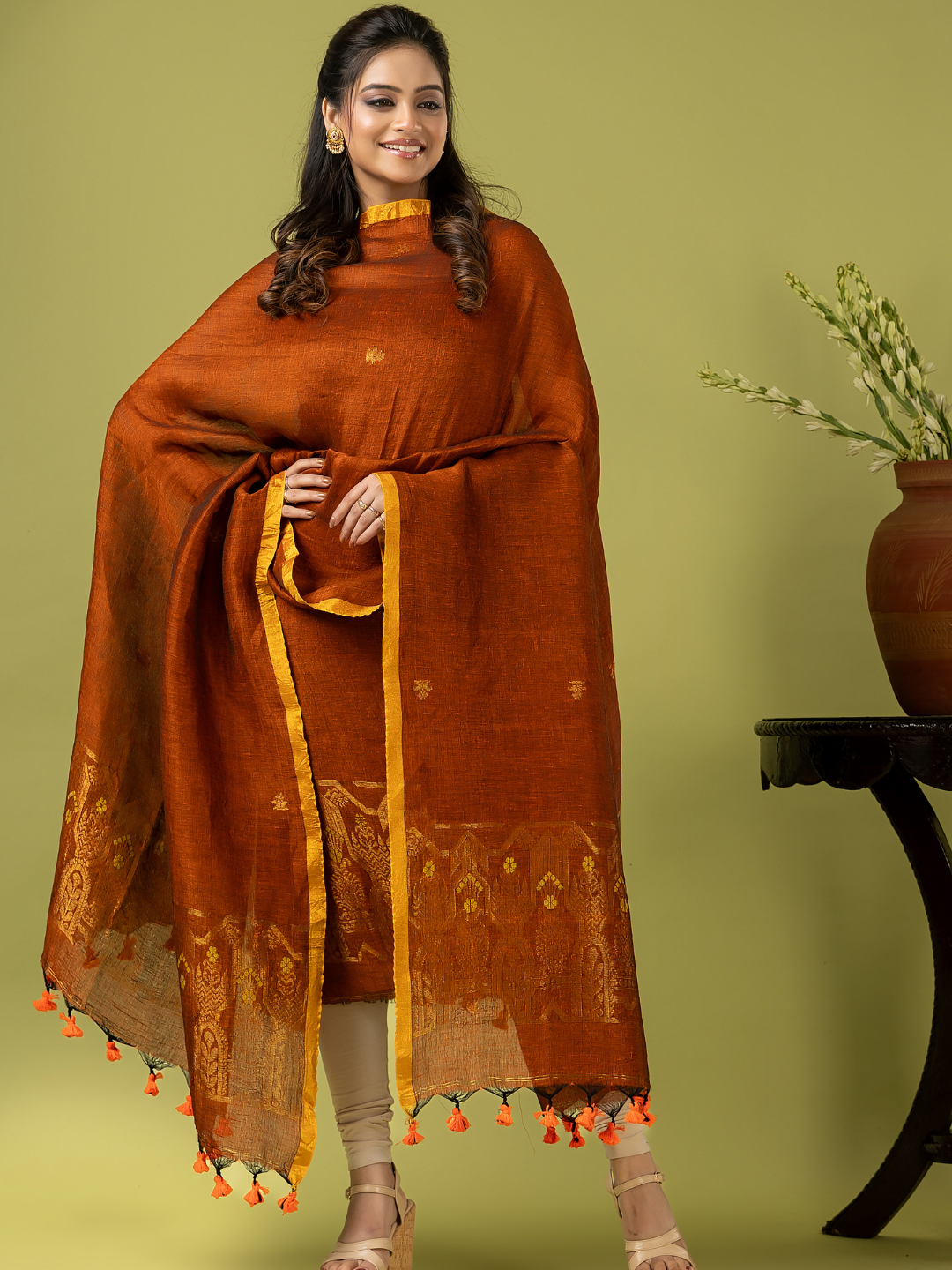 Handwoven Jamdani Linen Unstitched 2-piece Kurti | Burnt Orange