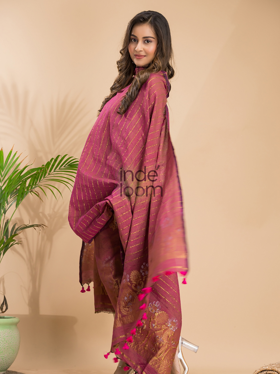 Deep Magenta | Handloom Jamdani Linen Unstitched 2-Piece Kurti | Benaras Design