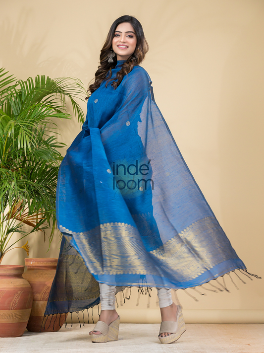 Indigo Blue Muslin Linen 2-Piece Set Kurti & Dupatta (UNSTITCHED) - 875