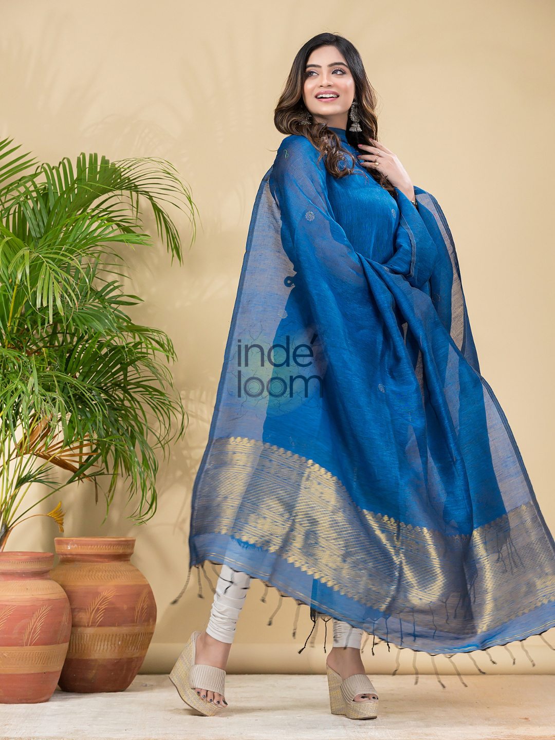 Indigo Blue Muslin Linen 2-Piece Set Kurti & Dupatta (UNSTITCHED) - 875