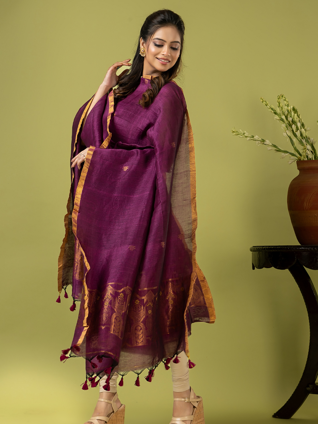 Handwoven Jamdani Linen Unstitched 2-piece Kurti | Mulberry Purple