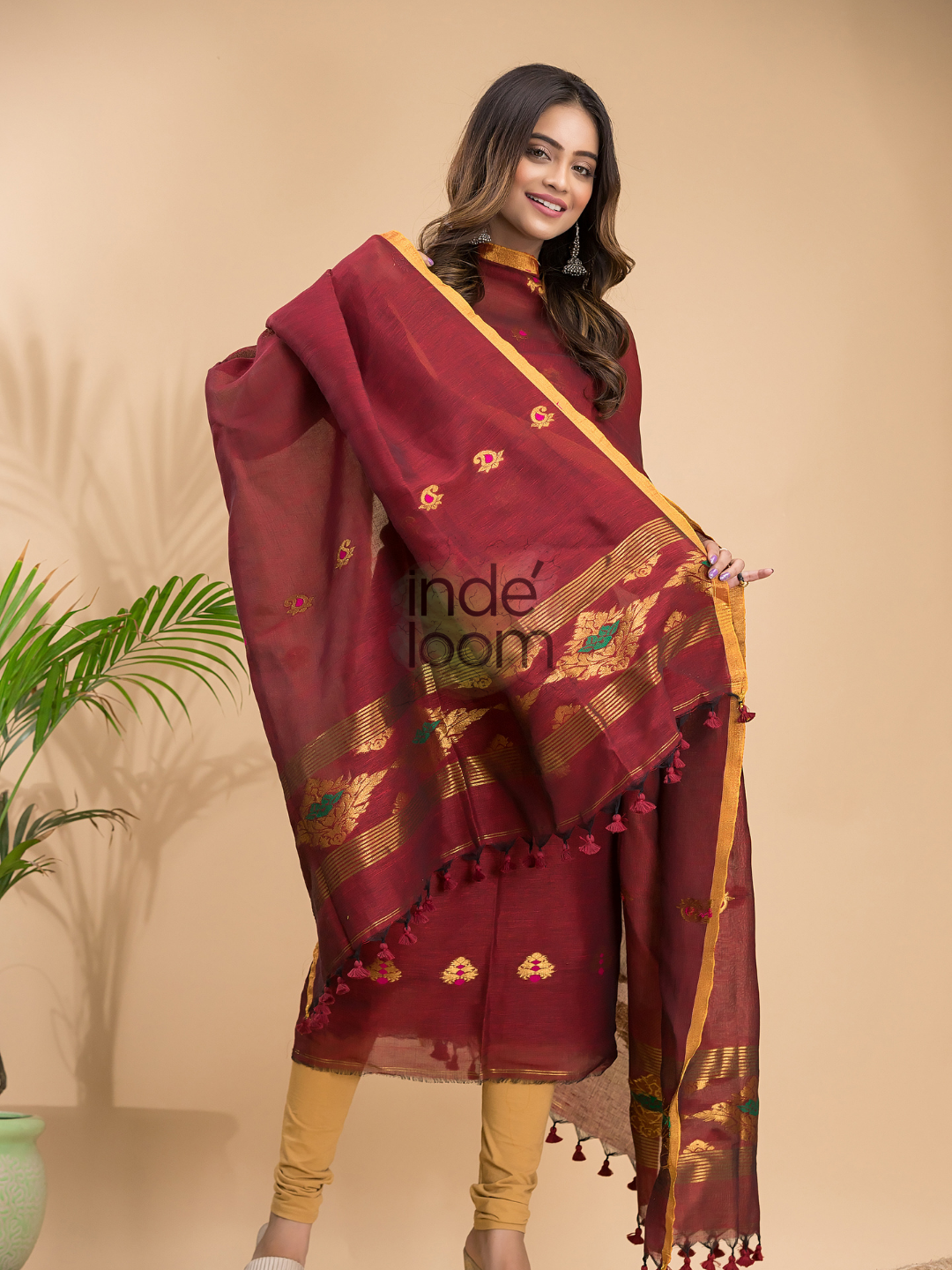 Deep Maroon Tissue Linen 2-Piece Set Kurti & Dupatta (UNSTITCHED) - 047