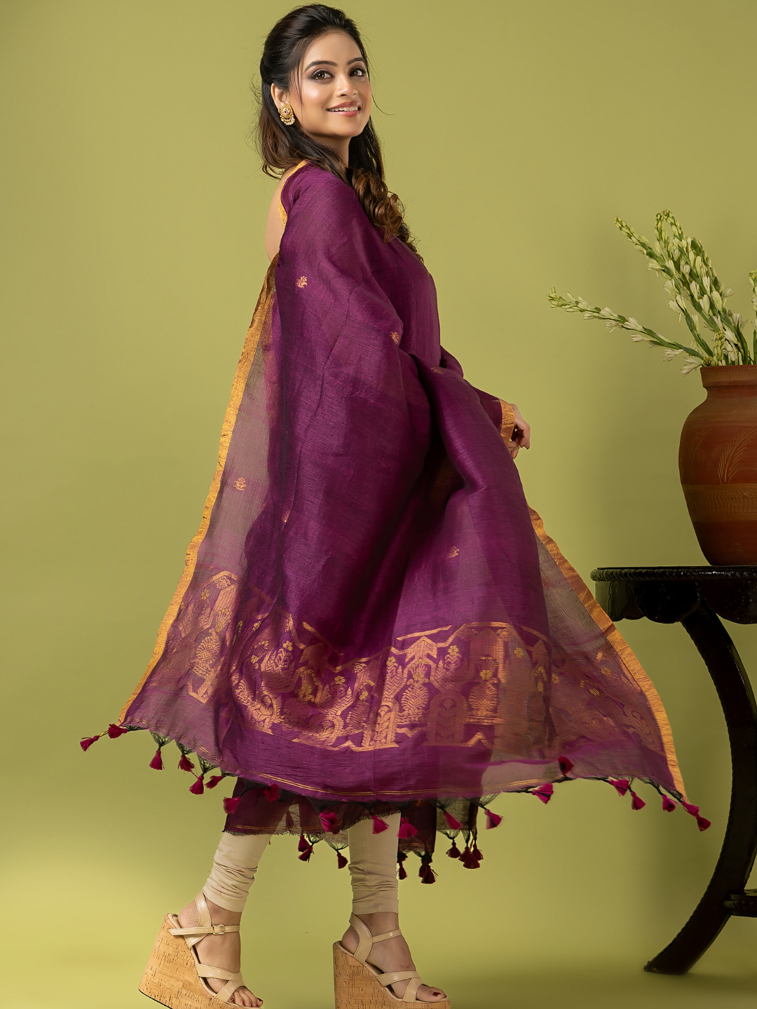 Handwoven Jamdani Linen Unstitched 2-piece Kurti | Mulberry Purple