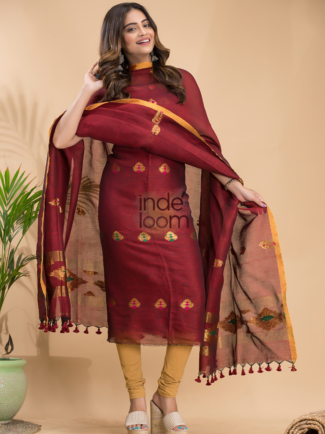 Deep Maroon Tissue Linen 2-Piece Set Kurti & Dupatta (UNSTITCHED) - 047