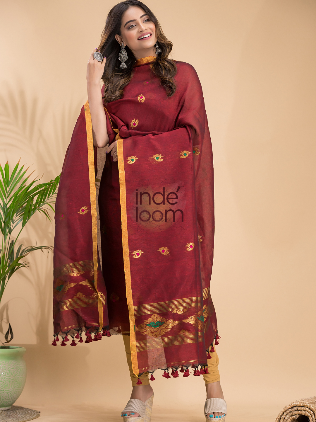 Deep Maroon Tissue Linen 2-Piece Set Kurti & Dupatta (UNSTITCHED) - 047