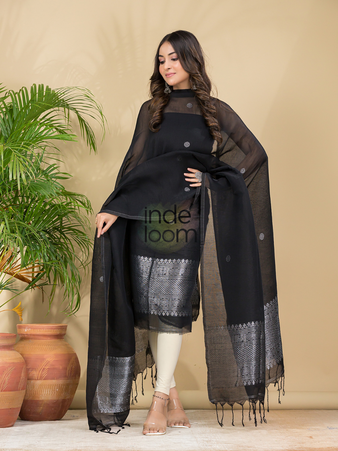 Midnight Black Muslin Linen 2-Piece Set Kurti & Dupatta (UNSTITCHED) - 866