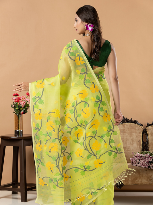 Handwoven Jamdani Muslin Silk Saree | Lime Green