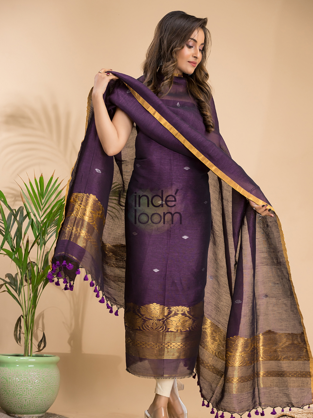 Grape Purple Cotton Linen 2-Piece Set Kurti & Dupatta (UNSTITCHED) - 005