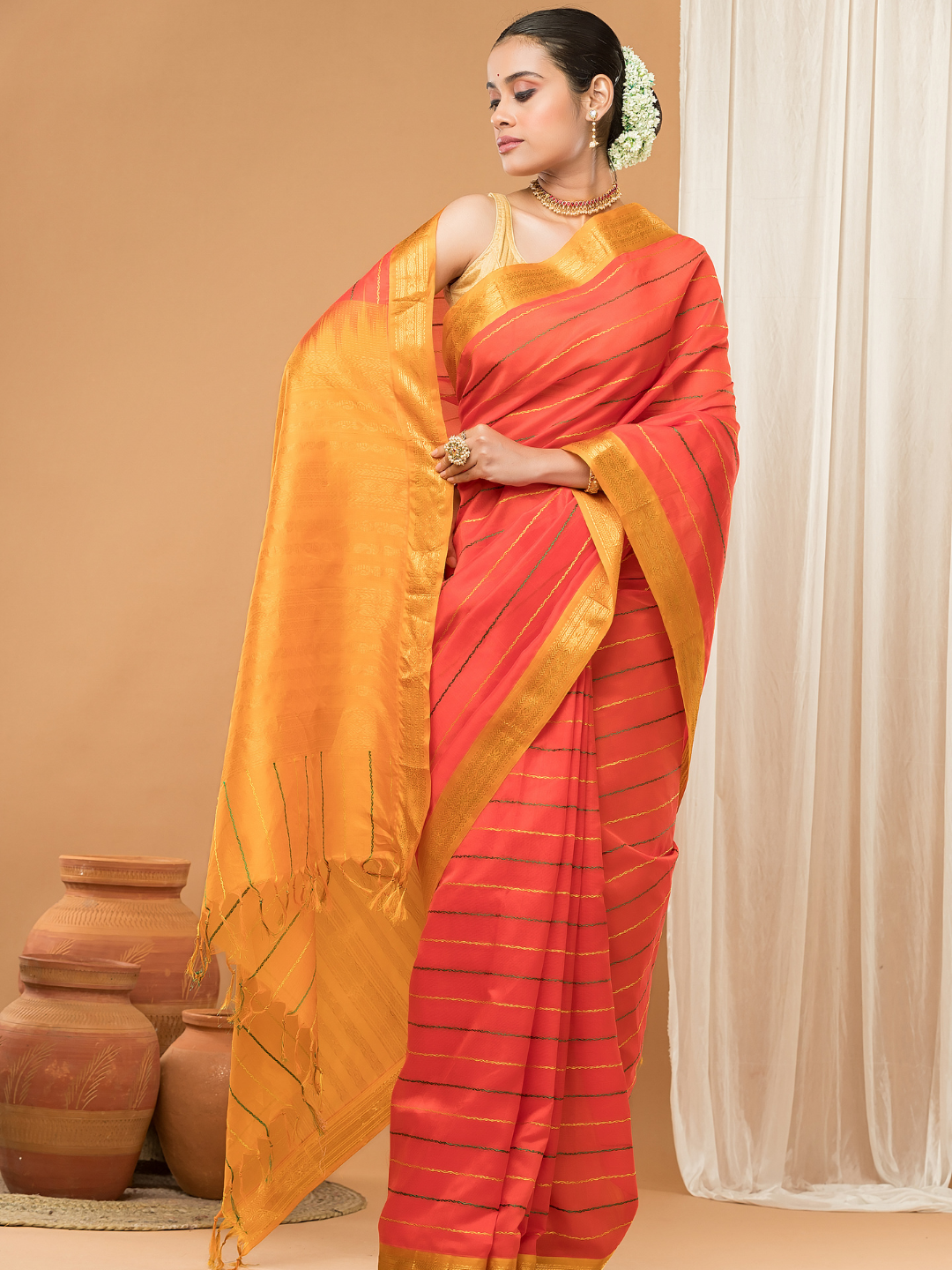 Pure Handloom Korvai Saree |Vivid Orange With Gold Broder