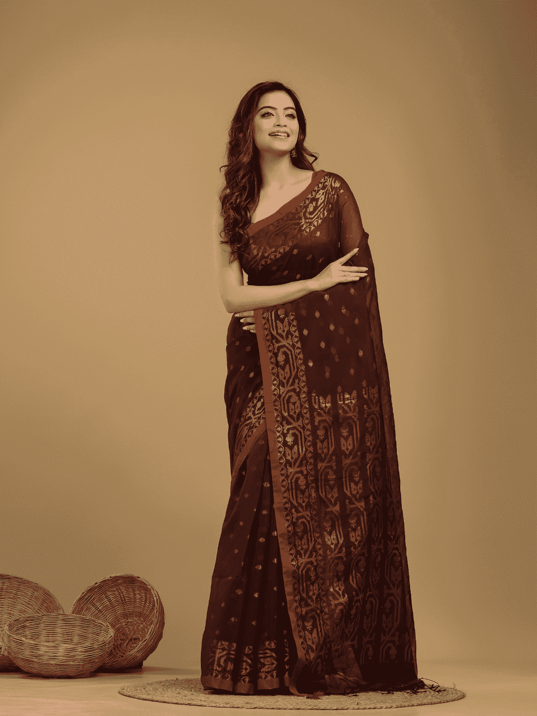 Jamdani Saree With Red Brown - 15 - indeloom