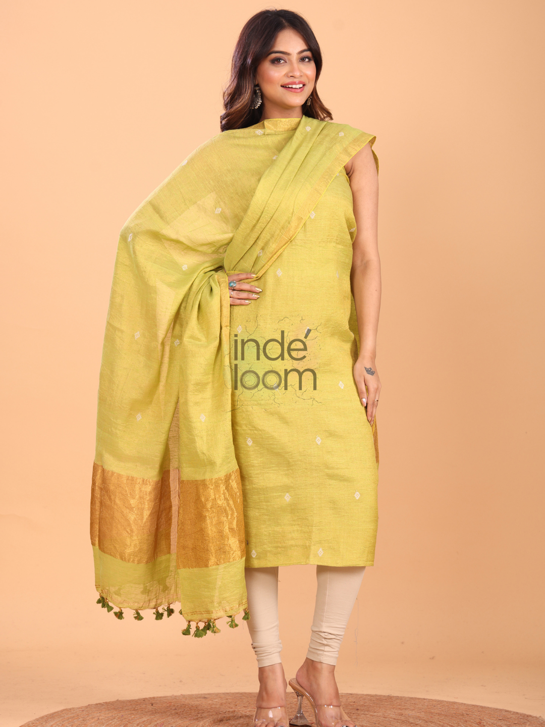 Neon Yellow Tissue Linen Jamdani 2-Piece Set Kurti & Dupatta (UNSTITCHED) - 055