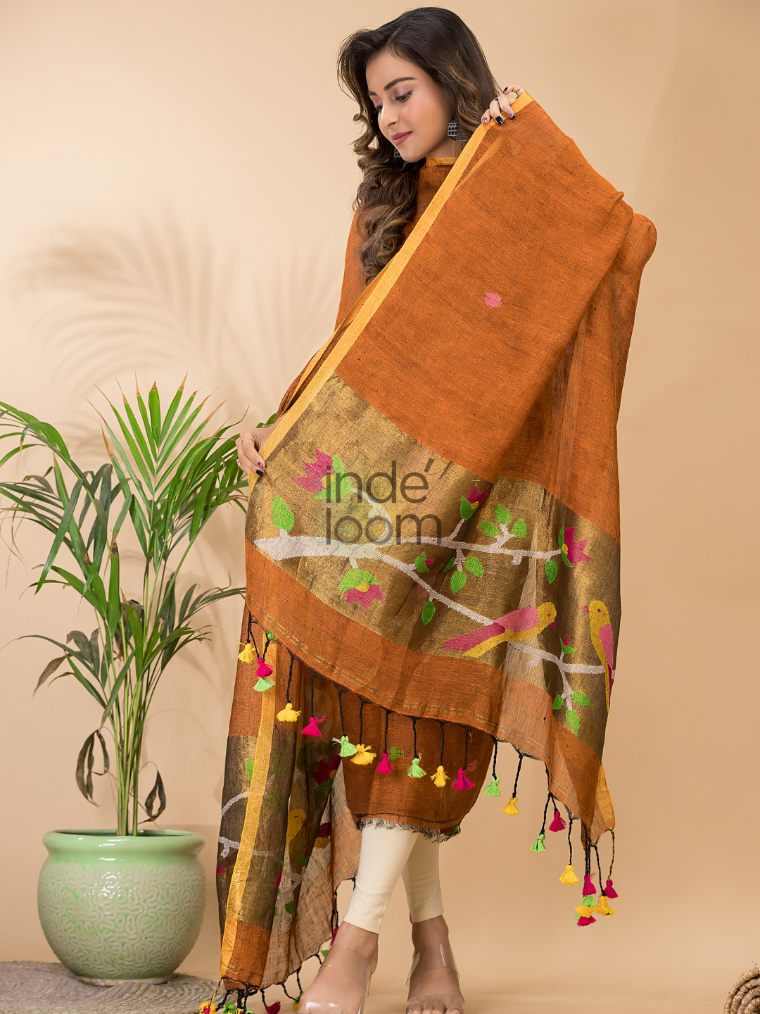 Dark Orange Linen X Linen 2-Piece Set Kurti & Dupatta (UNSTITCHED) - 077