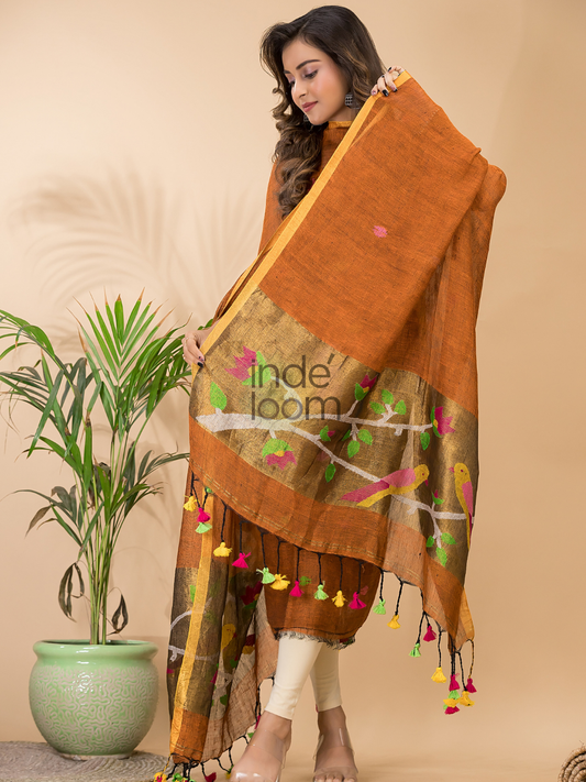 Dark Orange Linen X Linen 2-Piece Set Kurti & Dupatta (UNSTITCHED) - 077
