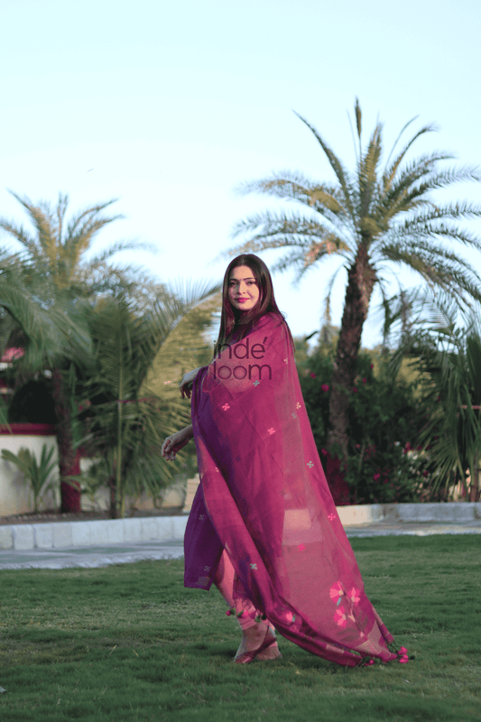 Grape Purple Muslin Jamdani 2-Piece Set Kurti & Dupatta (UNSTITCHED) - 369 - indeloom