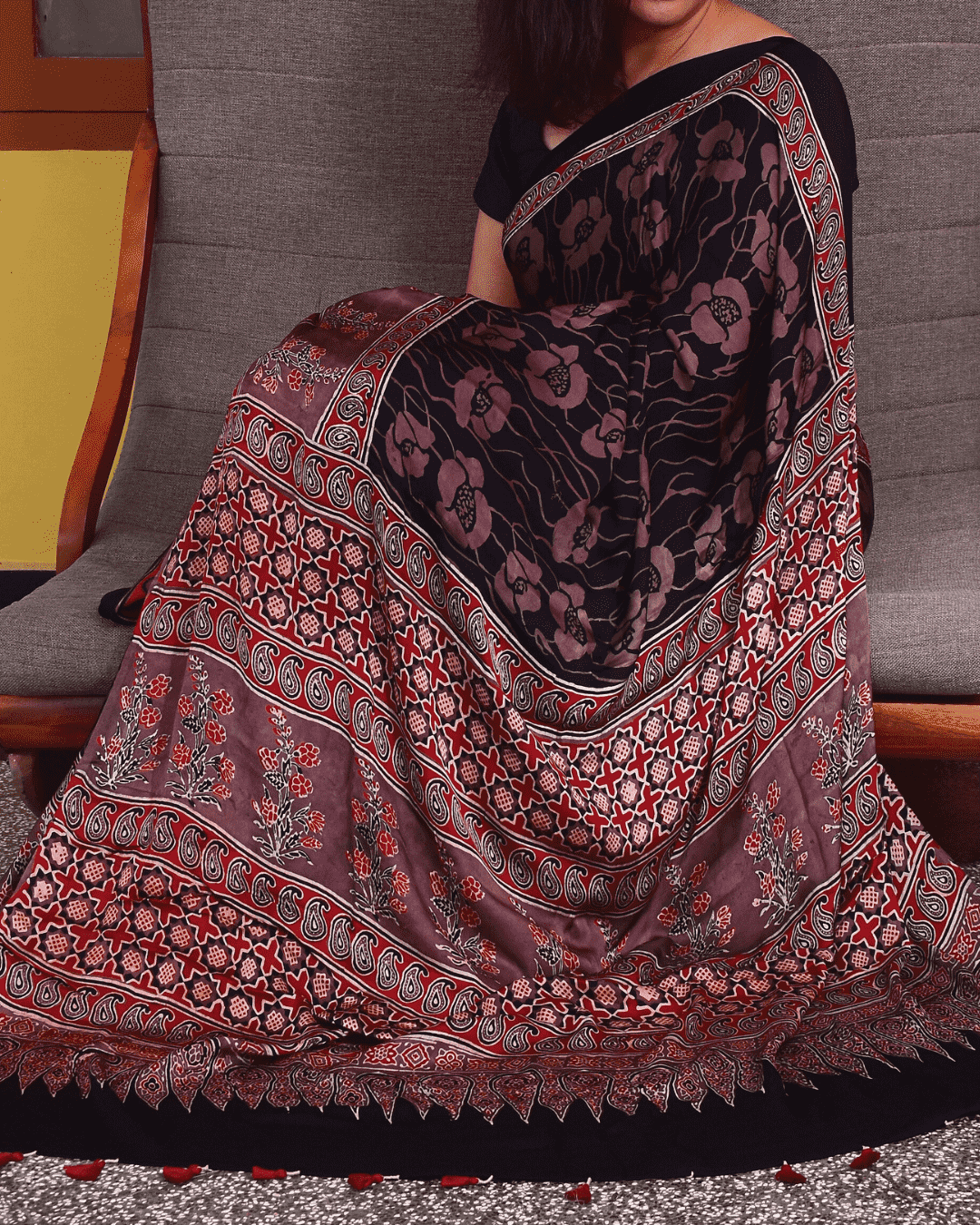 Ajrakh Exclusive Designer Modal Silk in Black, Red and Deep Plum with Floral and Geometric Patterns - 036 - indeloom