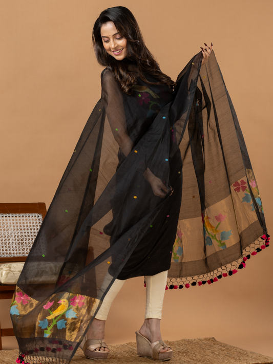 Handwoven Jamdani Muslin Unstitched 2-Piece Kurti | Jet Black