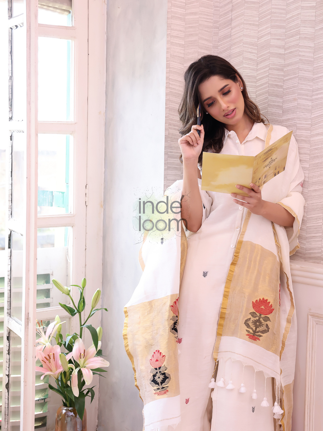 Cream White Tissue Linen 2-Piece Set Kurti & Dupatta (UNSTITCHED) - 306