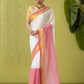 Pure Handloom Cotton Saree | White and Pink | Plain Body with Ribbon border
