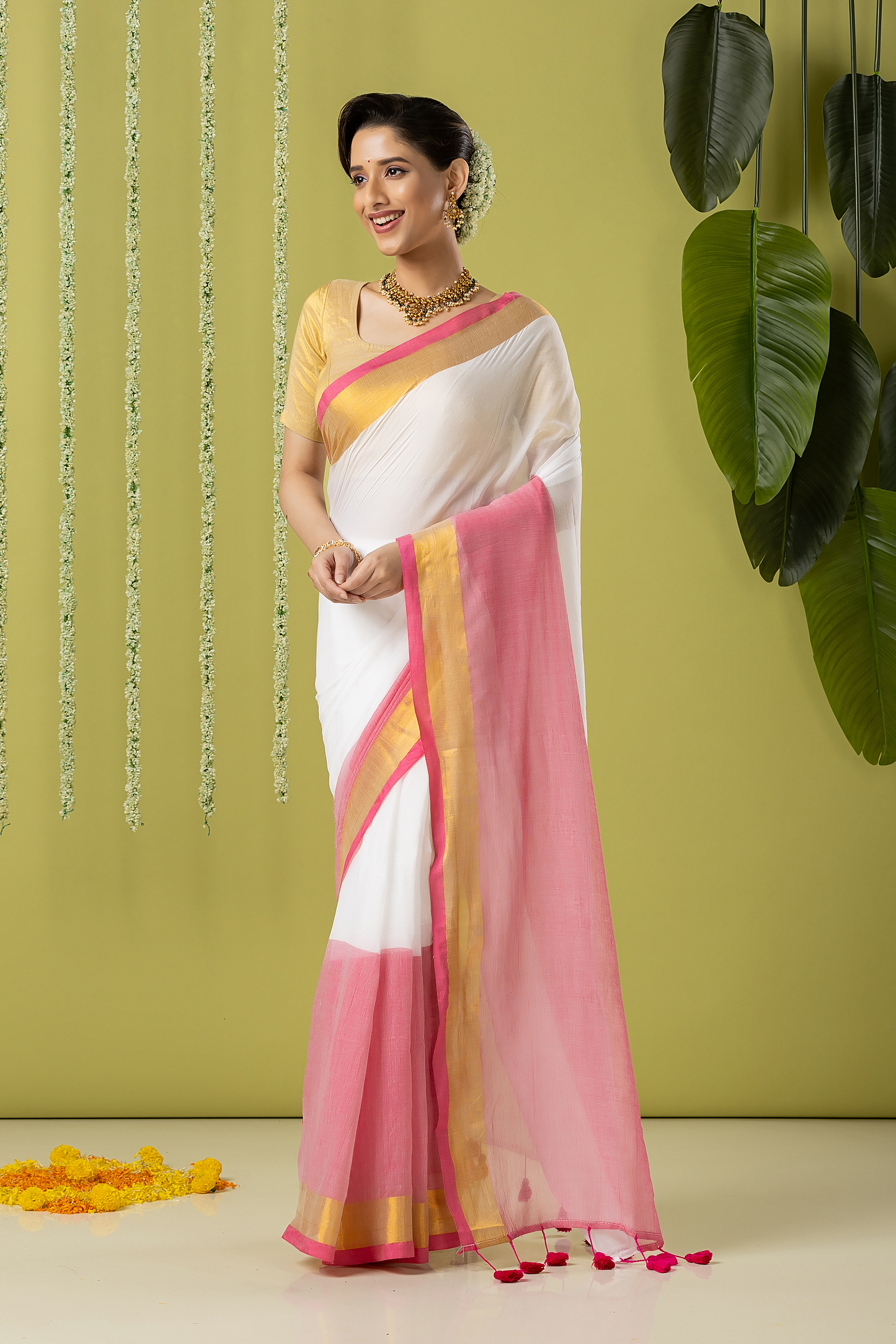 Pure Handloom Cotton Saree | White and Pink | Plain Body with Ribbon border