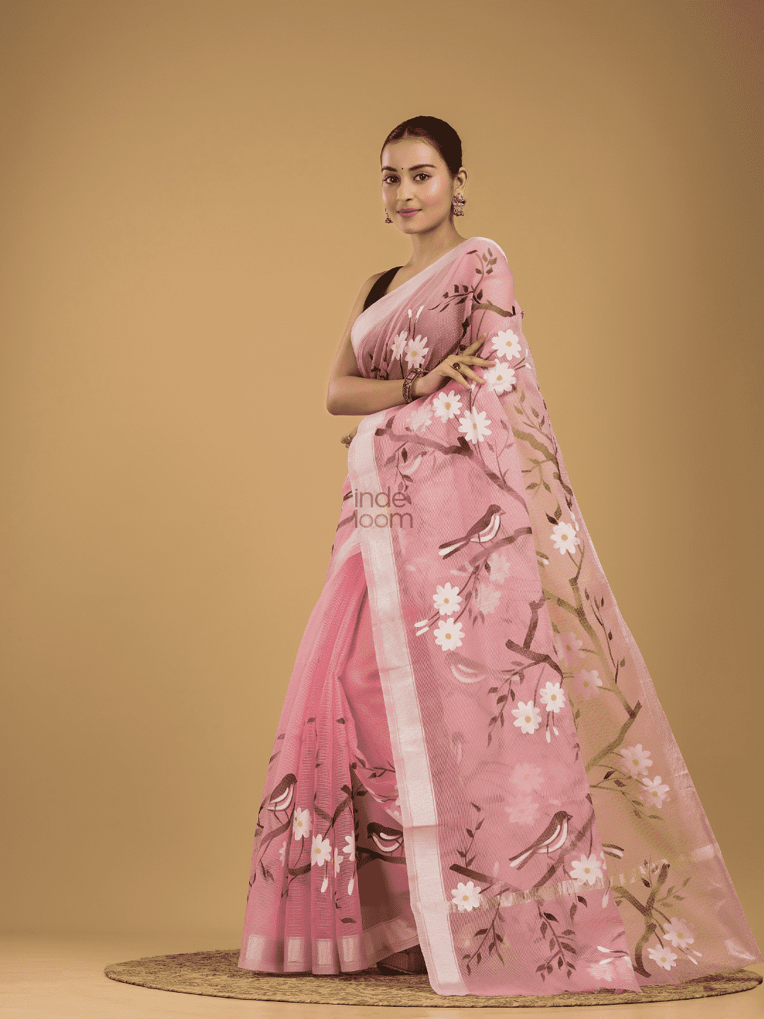 Kota Doria Handpainted Saree With Baby Pink - 005 - indeloom