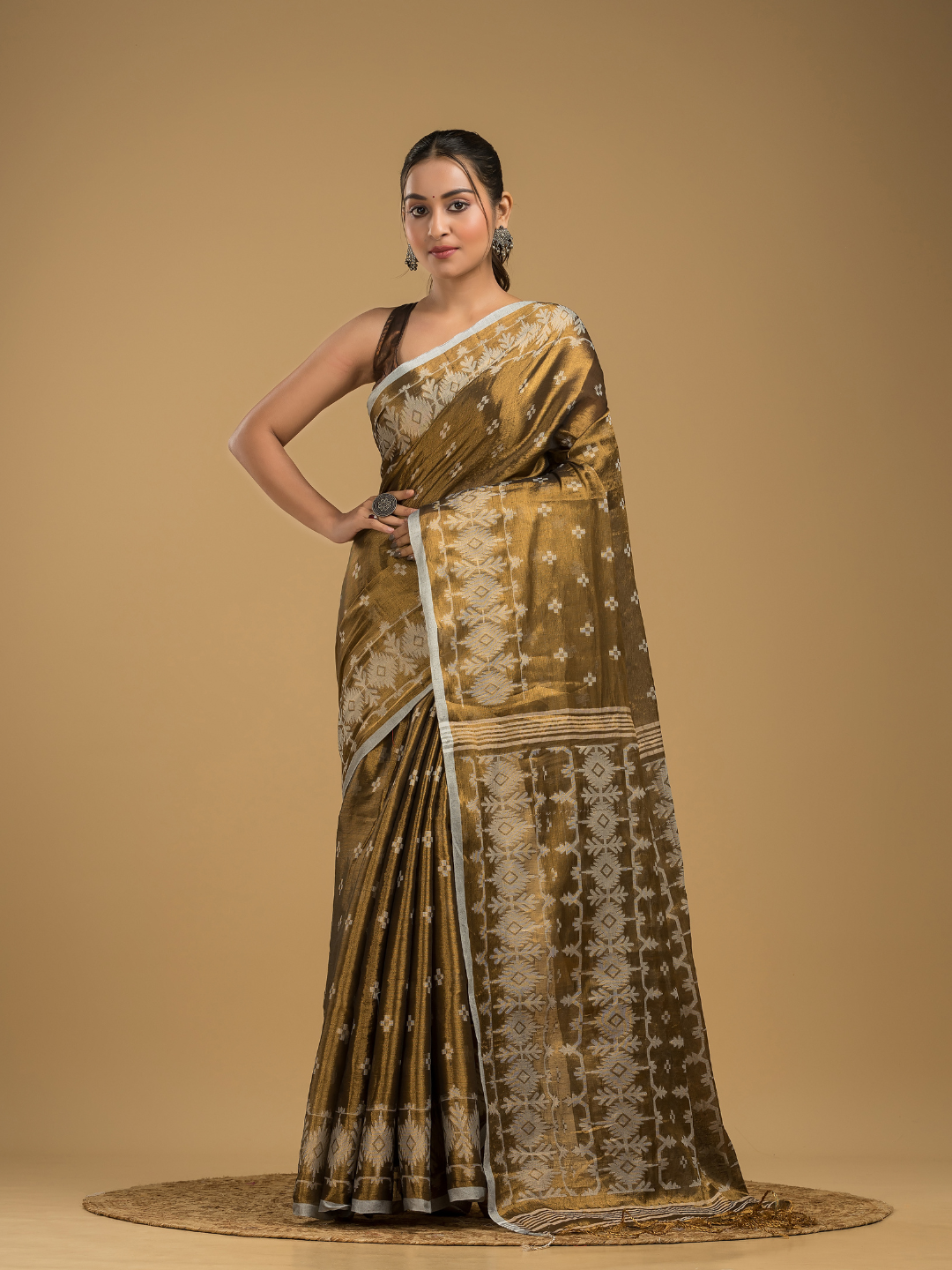 Tissue Silk Jamdani Saree Dark Green -045
