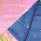 Pure handloom Korvai Silk Cotton Saree in Pigeon Blue and Pink Border with Temple border - 158