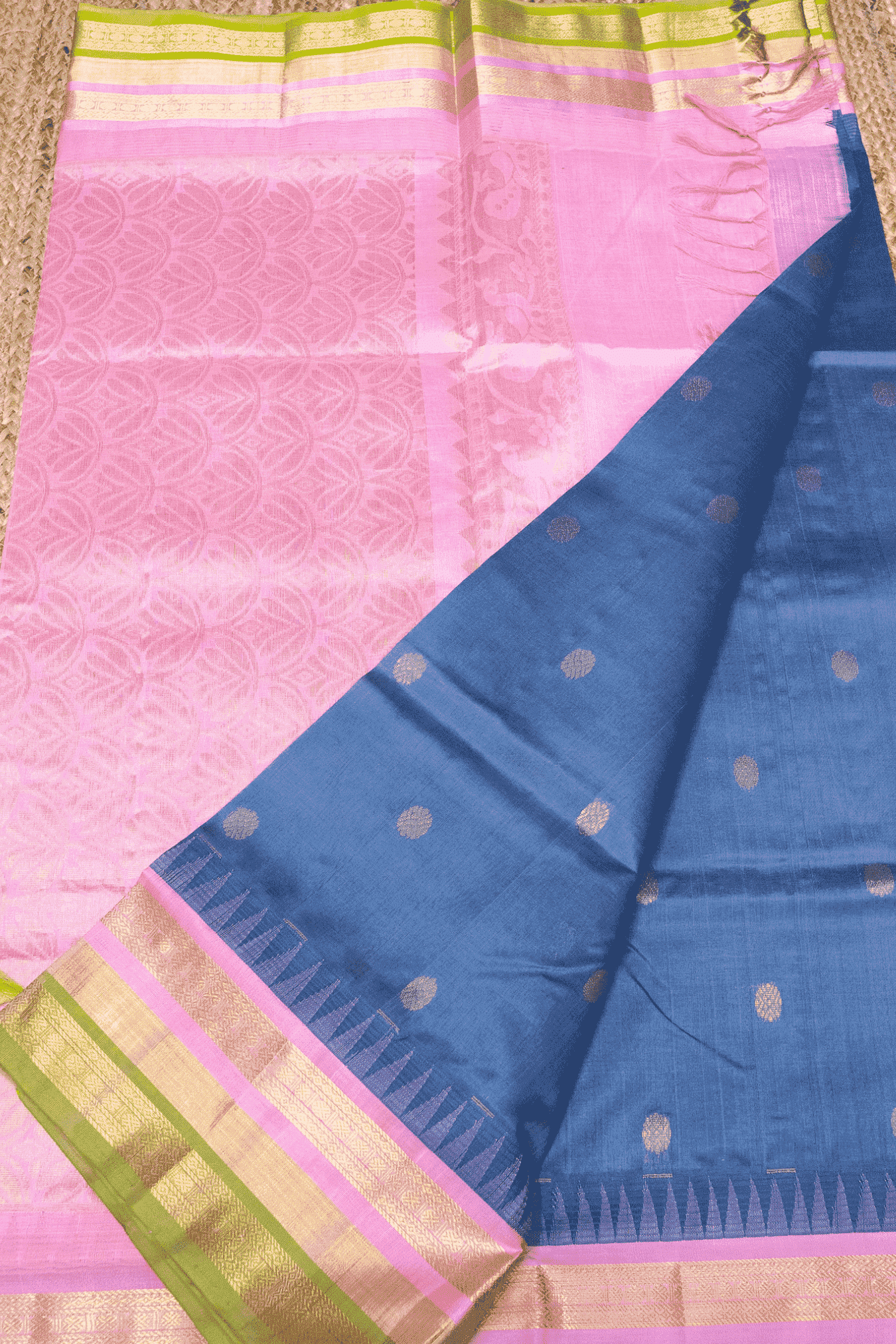 Pure handloom Korvai Silk Cotton Saree in Pigeon Blue and Pink Border with Temple border - 158