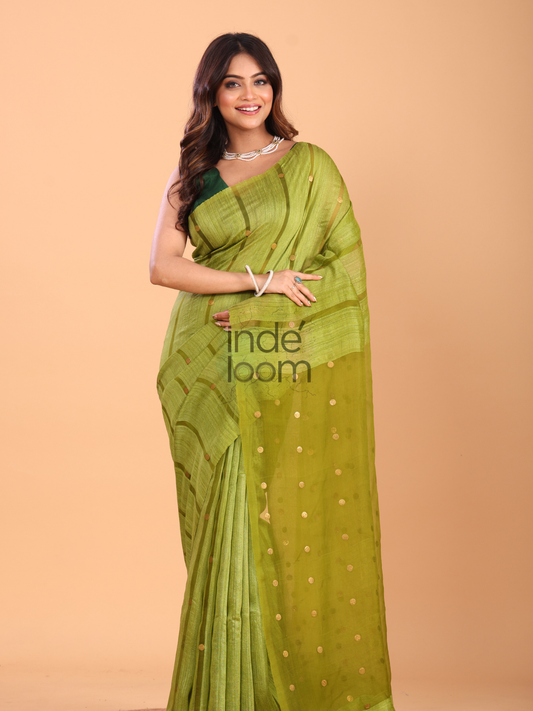 Handwoven Pure Jamdani Silk Saree  |  Pistachio Green