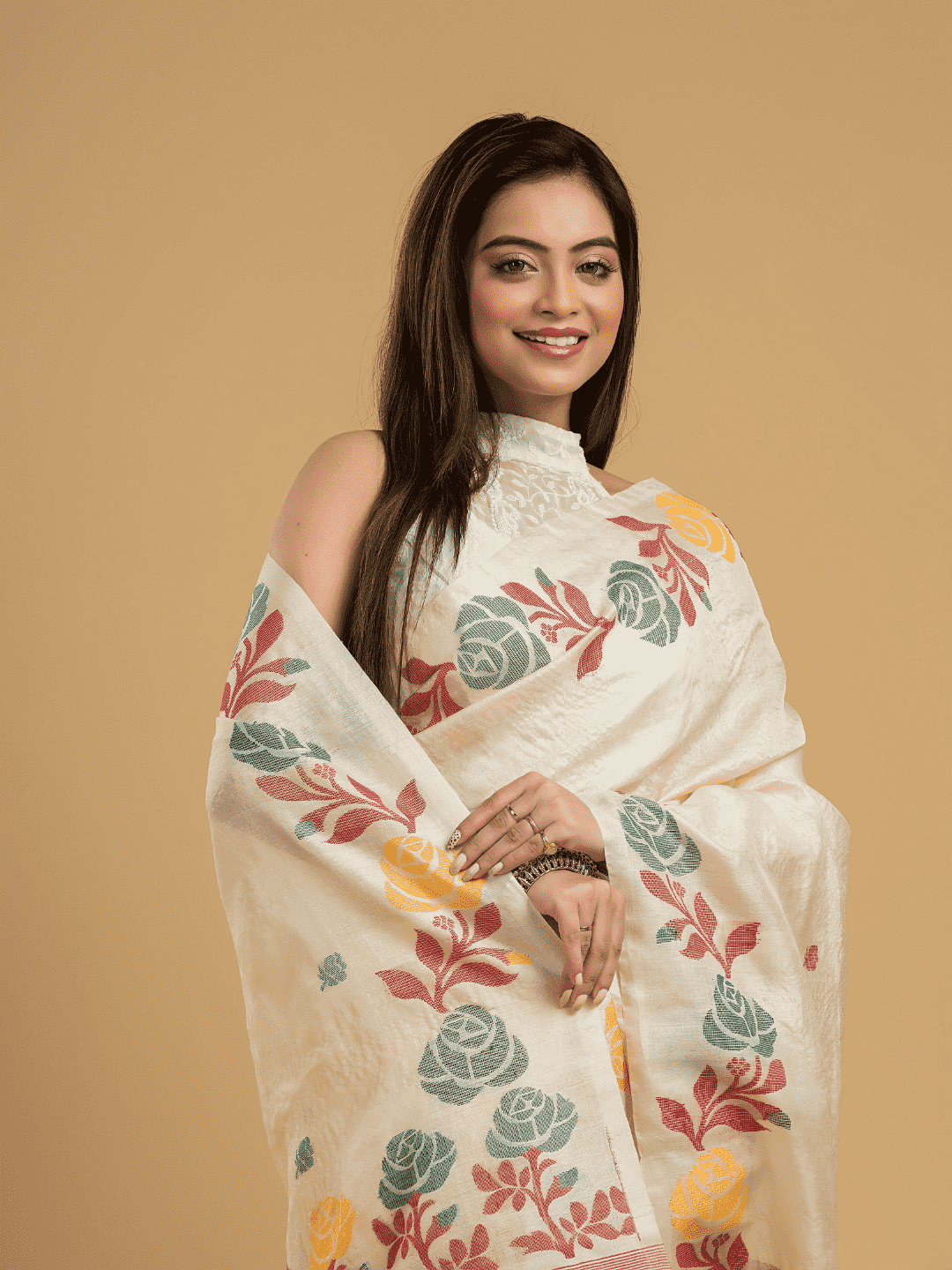 Beige Brown Matka Silk Jamdani Saree - 047 - indeloom