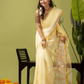 Pure Jamdani Linen Saree | Light Yellow  and Yelllow  | Half and Half style with Contrast Border