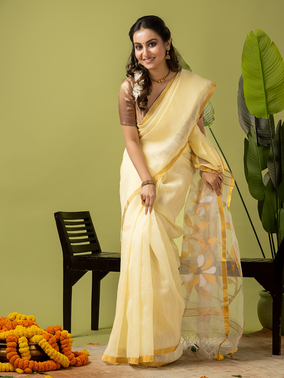 Pure Jamdani Linen Saree | Light Yellow  and Yelllow  | Half and Half style with Contrast Border