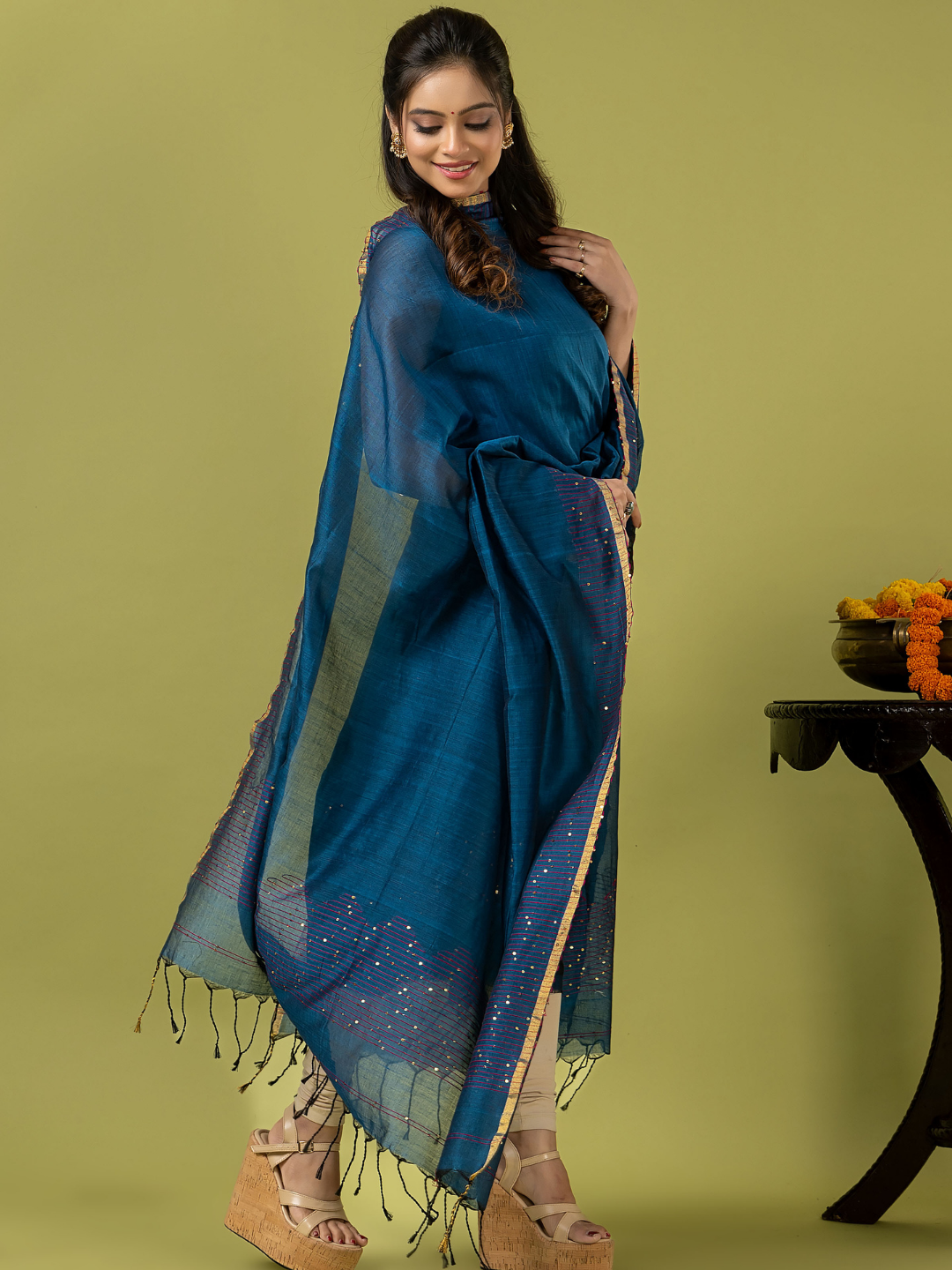 Handwoven Jamdani cotton Unstitched 2-piece Kurti | Peacock Teal Blue