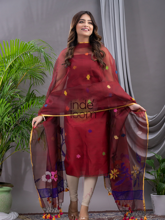 Cherry Red Cotton Silk Jamdani 2-Piece Set Kurti & Dupatta (UNSTITCHED) - 105