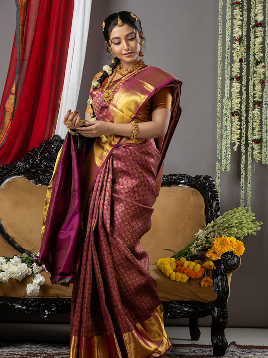 Handloom Kanjivaram Silk Saree | Deep Maroon Pattern