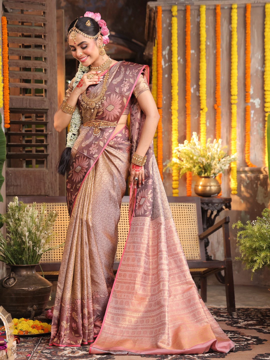 Amraghata  -  Soft mango-green silk with floral zari buttas