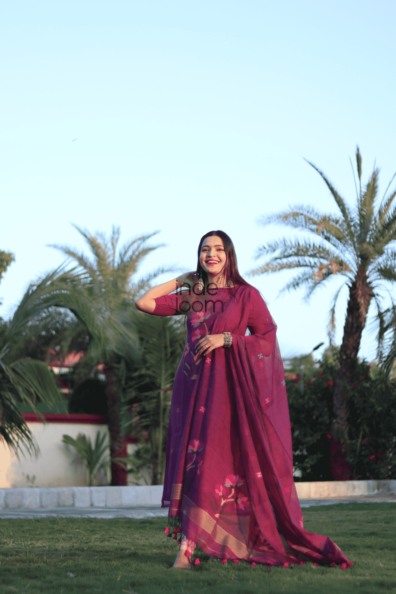 Grape Purple Muslin Jamdani 2-Piece Set Kurti & Dupatta (UNSTITCHED) - 369 - indeloom
