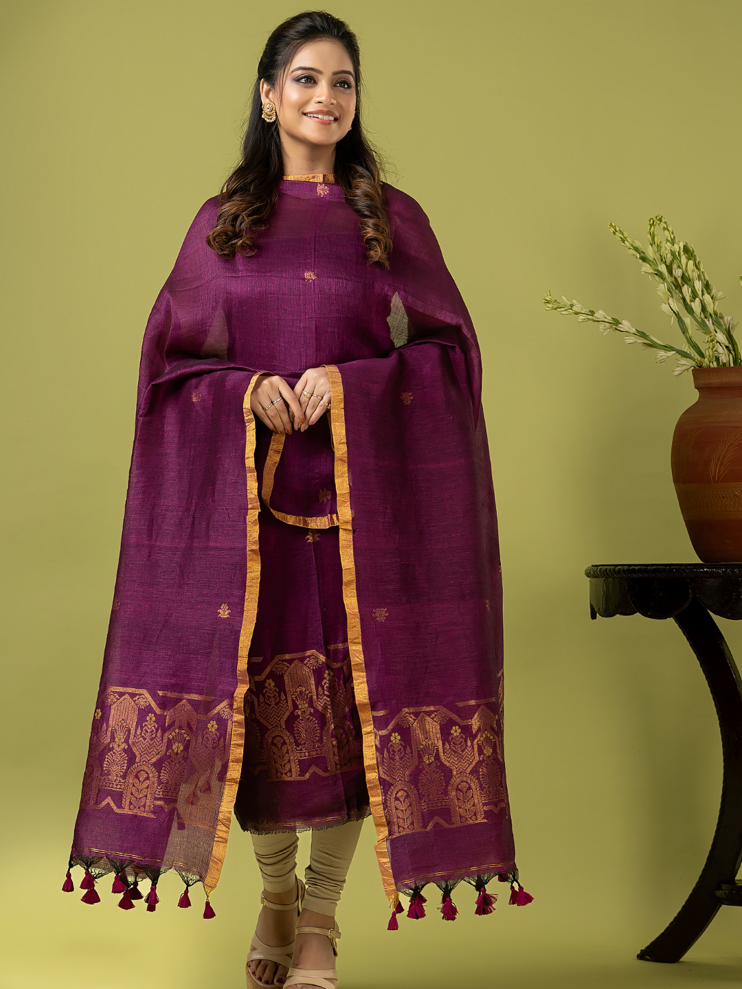 Handwoven Jamdani Linen Unstitched 2-piece Kurti | Mulberry Purple