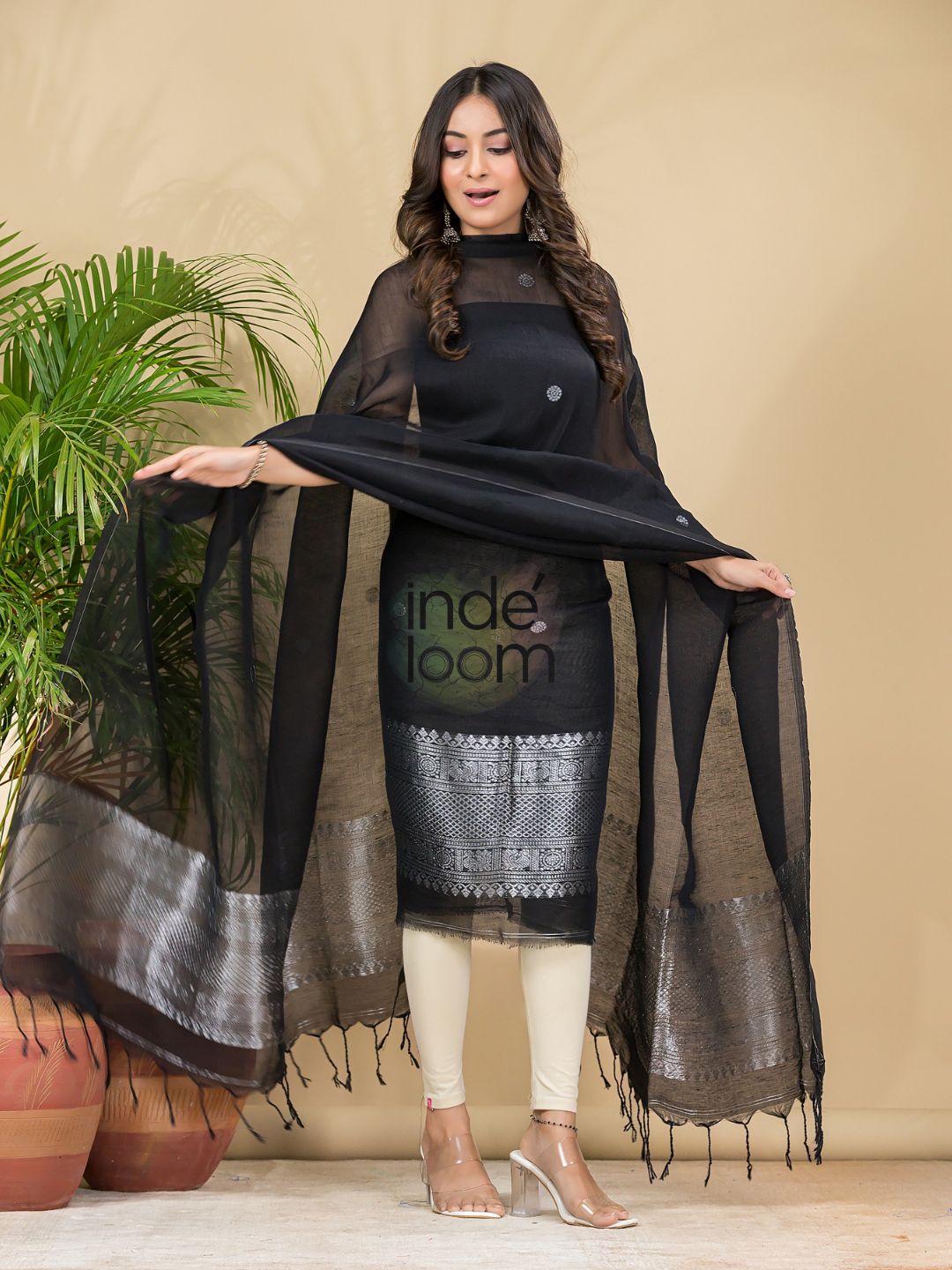 Midnight Black Muslin Linen 2-Piece Set Kurti & Dupatta (UNSTITCHED) - 866