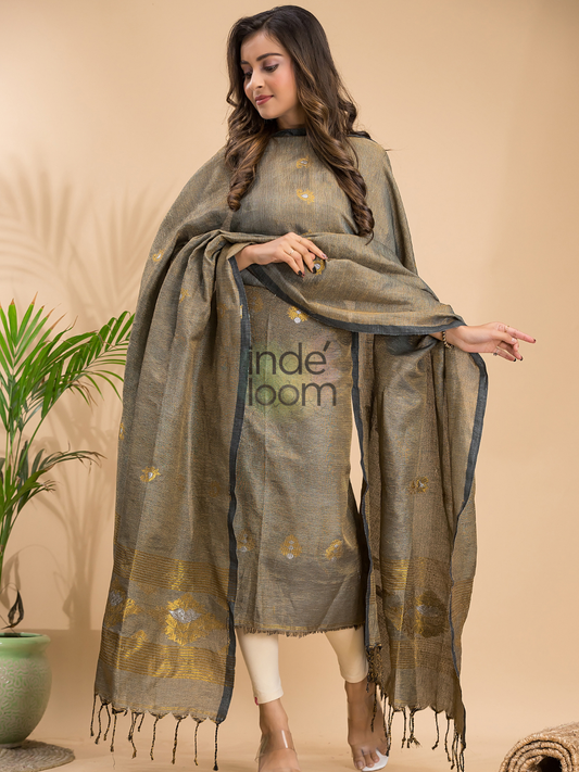 Olive Grey Tissue Linen 2-Piece Set Kurti & Dupatta (UNSTITCHED) - 048
