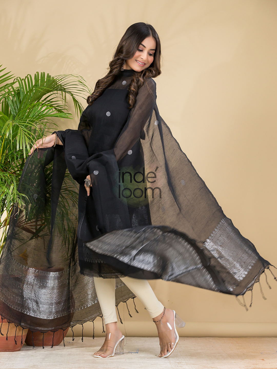 Midnight Black Muslin Linen 2-Piece Set Kurti & Dupatta (UNSTITCHED) - 866