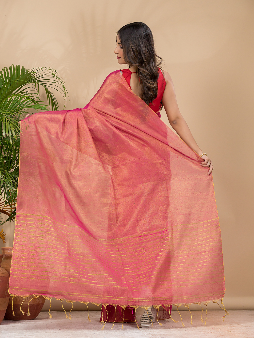 Tissue Linen Handloom Saree With Peach Pink - 023
