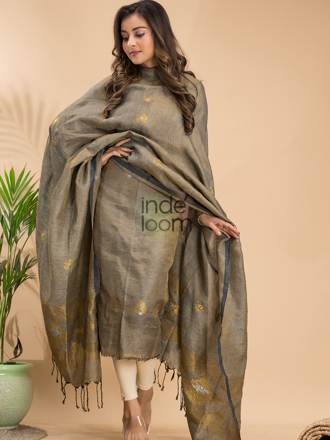 Olive Grey Tissue Linen 2-Piece Set Kurti & Dupatta (UNSTITCHED) - 048