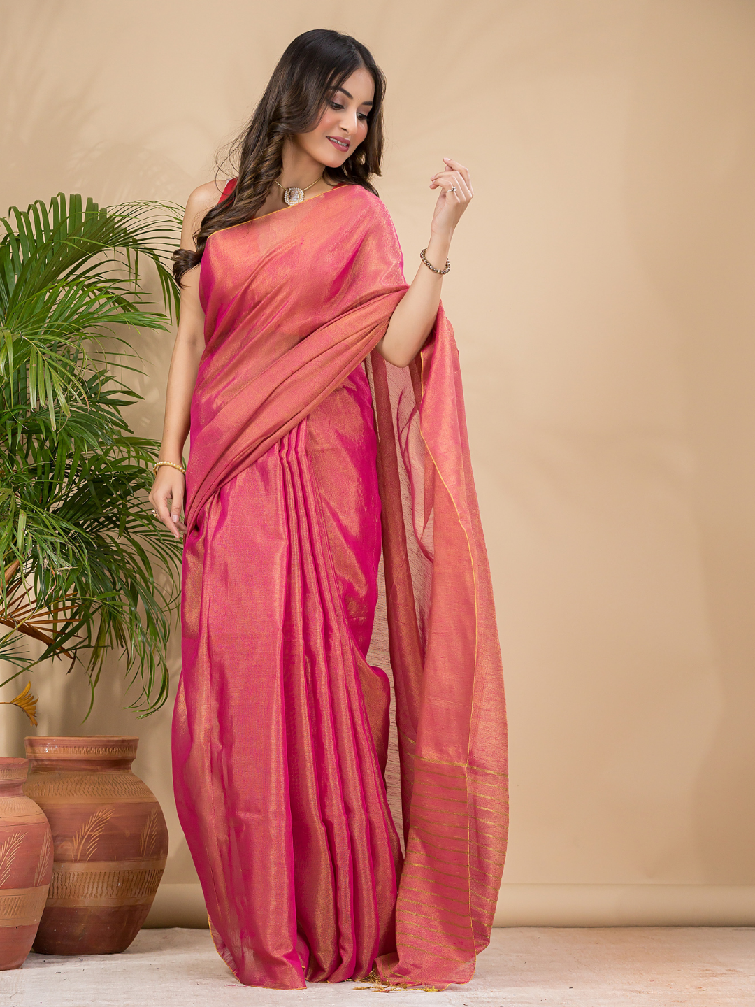 Tissue Linen Handloom Saree With Peach Pink - 023
