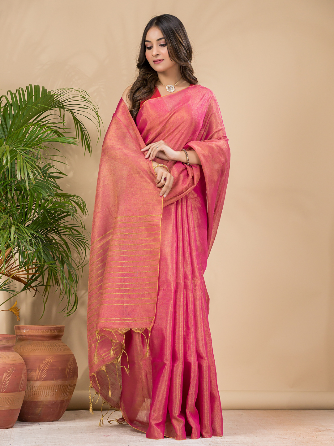 Tissue Linen Handloom Saree With Peach Pink - 023