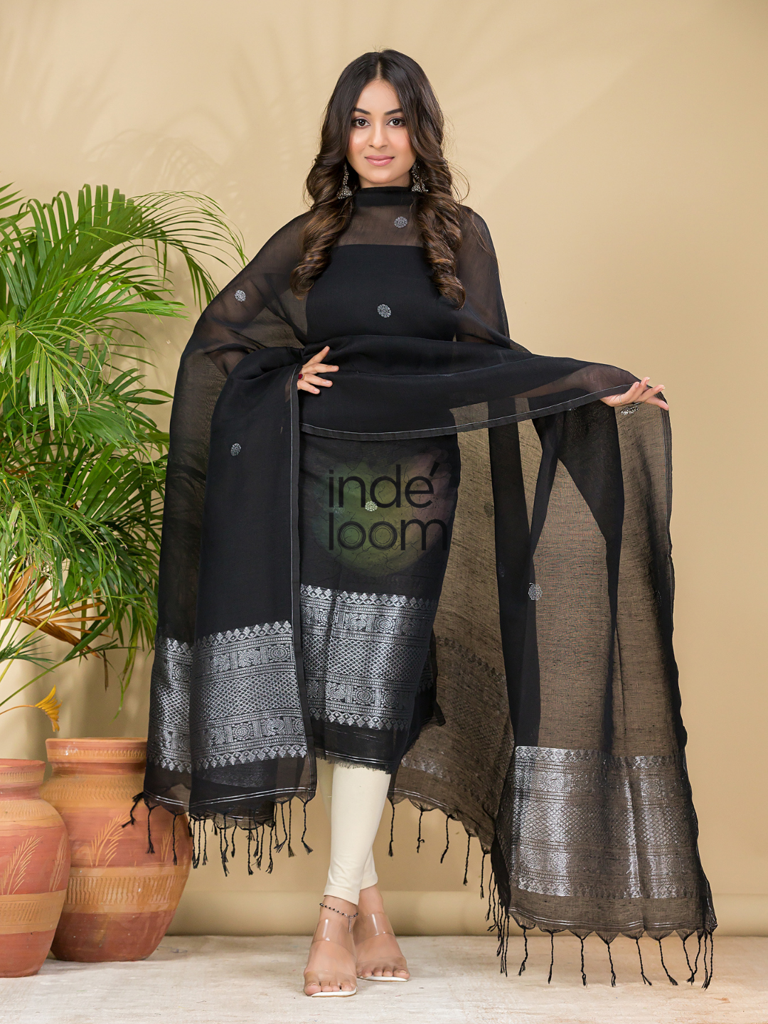 Midnight Black Muslin Linen 2-Piece Set Kurti & Dupatta (UNSTITCHED) - 866