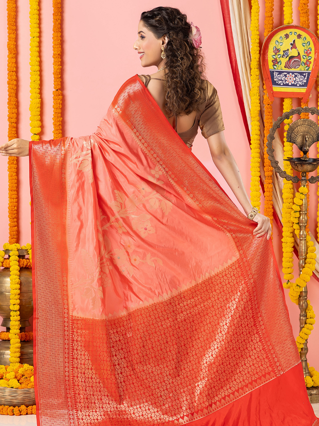 Classic Benarasi Semi Silk Saree | Coral Pink
