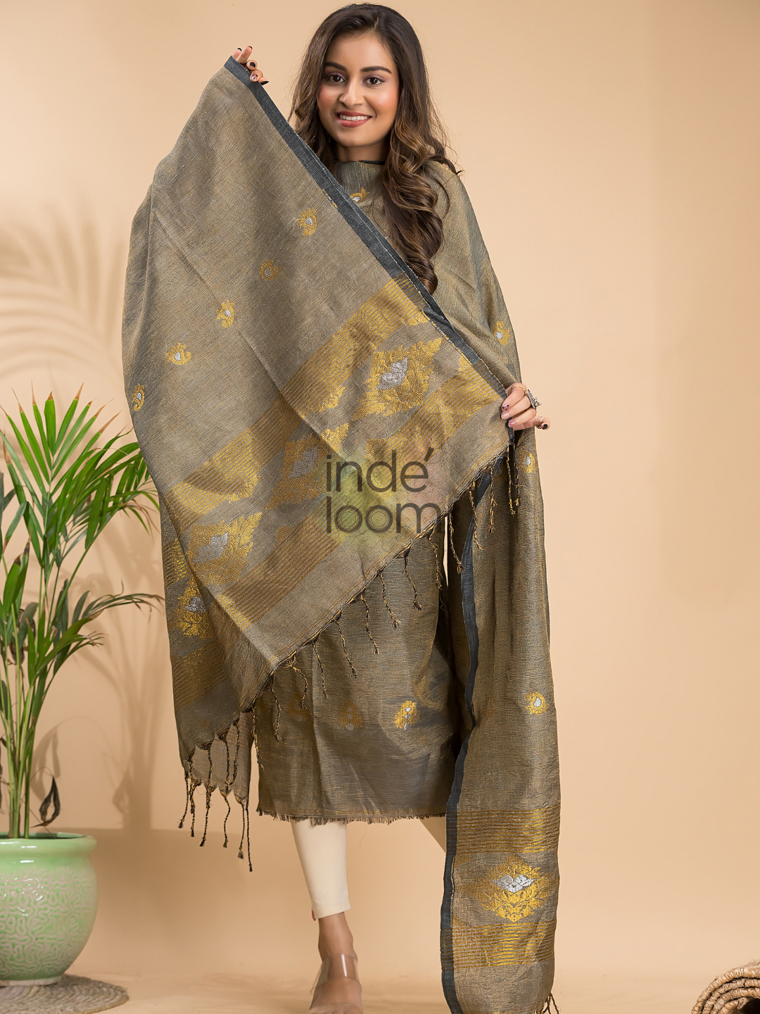 Olive Grey Tissue Linen 2-Piece Set Kurti & Dupatta (UNSTITCHED) - 048