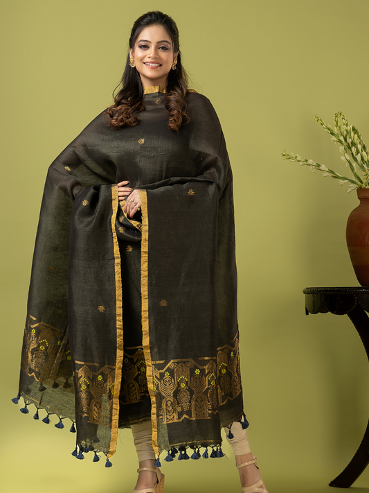 Handwoven Jamdani Linen Unstitched 2-piece Kurti | Charcoal Black